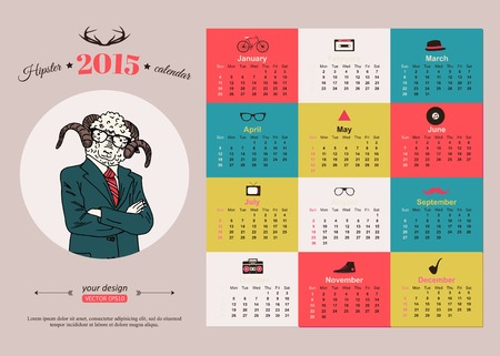 Calendar template hipster design. Year of the goat. Vector illustration.のイラスト素材