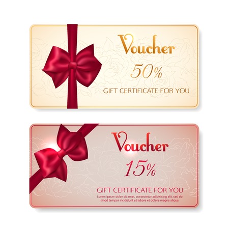 Collection of voucher gift cards with photorealistic red bow. Vector illustration.のイラスト素材
