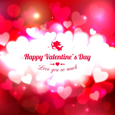 Happy Valentines day  glow holiday background with shining soft hearts, blurred bokeh lights, photorealistic white bow and  place for text. This vector illustration can be used as greeting card or wedding invitation for your design.のイラスト素材