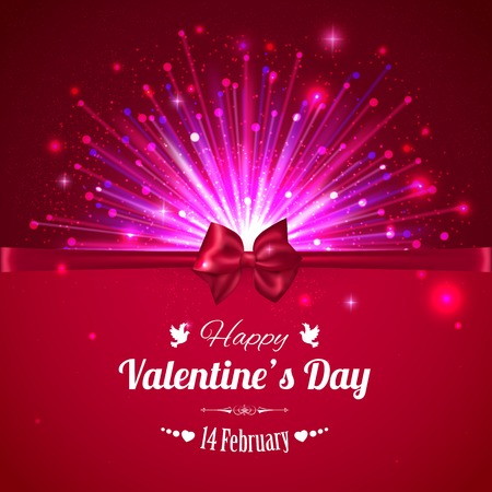 Happy Valentines day typographical glow holiday background with shining fireworks, blurred bokeh lights, red bow and place for text. This vector illustration can be used as greeting card or wedding invitation for your design.のイラスト素材