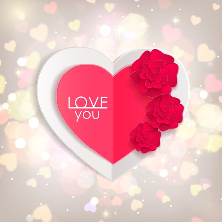 Valentines day background with paper hearts and flowers. Shining background  with blurred bokeh lights. This vector illustration can be used as greeting card or wedding invitation for your design.のイラスト素材