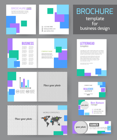 Set of corporate business stationery brochure templates with infographics elements. Abstract geometric background for flyer, report, presentation or business document modern square design. Vector illustration.のイラスト素材