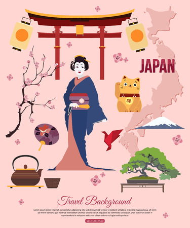 Japan travel background with place for text. Set of colorful flat icons, Japan symbols for your design. Vector illustration.のイラスト素材