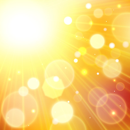 Yellow summer sun light burst. Shining summer background with blurred bokeh lights.のイラスト素材
