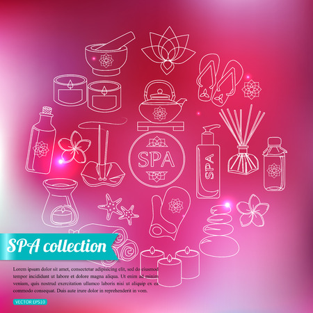 Spa and healthcare outline icons set over blurred shining background with place for text. Vector illustration.のイラスト素材
