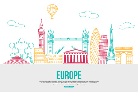 Europe travel background with place for text. Isolated European outlined sightseeings and symbols. Skyline detailed silhouettes. Vector illustration.のイラスト素材