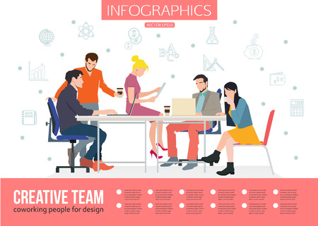 Creative Team Infographics. Business meeting and Coworking people for your design. Talking and working people at the table in the office. Flat design vector illustration with place for text.のイラスト素材