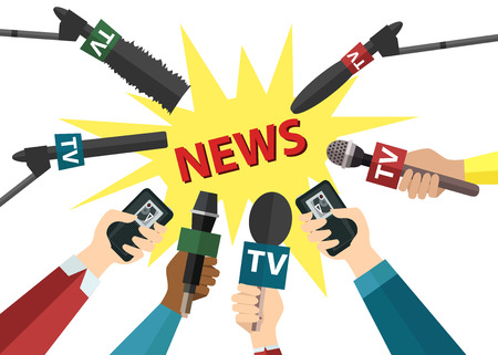 Journalism and press concept with hands holding microphones and voice recorders.Hot news template.   Flat style design. Vector illustration.のイラスト素材