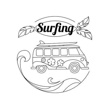 Surf trip outline background. Minimalistic linear travel vacation vector illustration with surf bus, board. Vector illustration.のイラスト素材