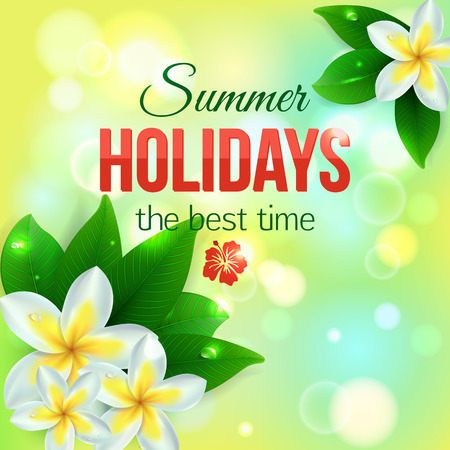 Summer shining typographical background with tropical Plumeria flowers and blurred bokeh lights. Vector illustration.のイラスト素材