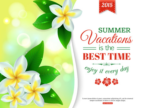 Summer shining typographical background with tropical Plumeria flowers and blurred bokeh lights. Vector illustration.のイラスト素材