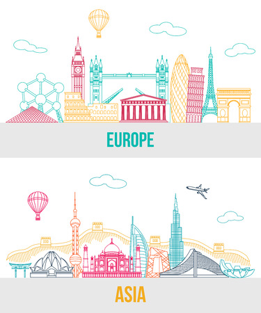 Set of Europe and Asia travel background with place for text. Isolated European and Asian outlined sightseeings and symbols. Skyline detailed silhouettes. Vector illustration.のイラスト素材