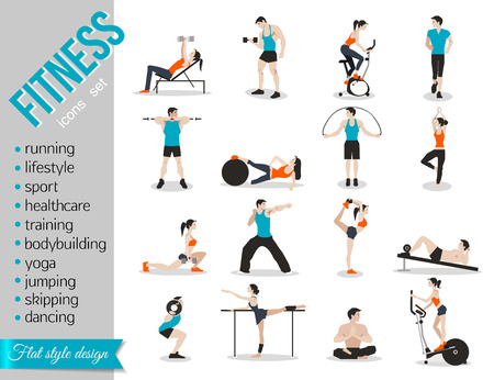 Training people icons set for sport and fitness infographics. Flat style design. Vector illustration.のイラスト素材