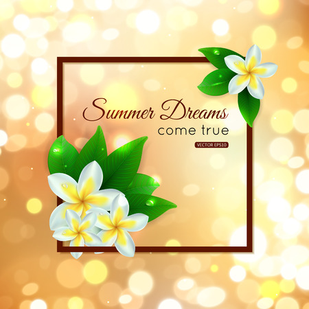 Shining summer paradise typographical background with blurred bokeh lights, tropical flowers and place for text. Vector illustration.のイラスト素材