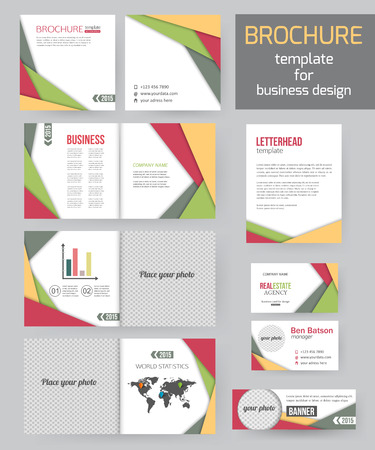 Set of corporate business stationery brochure templates with infographics elements. Abstract geometric background for flyer, report, presentation or business document modern square design. Vector illustration.のイラスト素材