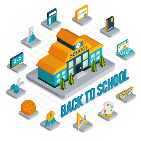 Back to school isometric 3d background with school building and isometric school icons. Flat style design.Vector illustration.のイラスト素材