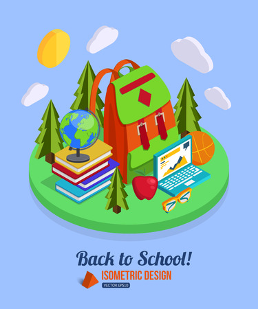 Back to school isometric background with pile of colorful books, red apple, globe,computer and school bag. Flat style design. Vector illustration.のイラスト素材