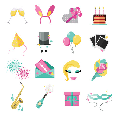 Holiday and party icons set with colorful balloons, cake, invitation, gift box. Flat style design. Vector illustration.のイラスト素材