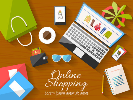 Online shopping concept desktop with computer, wooden table, shopping bag, mobile phone, notebook, flower, sunglusses, wallet, cup of coffee, credit cards, coupons. Vector illustration.のイラスト素材