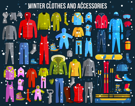 Big collection of cozy winter clothes and winter sport games accessories for women, men and children. Skiing, snowboard, boots, glasses. Flat style design icons set. Vector illustration.のイラスト素材