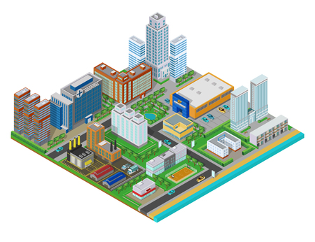 Isometric urban city, real estate background with buildings, shops, trees and roads on the plane.のイラスト素材