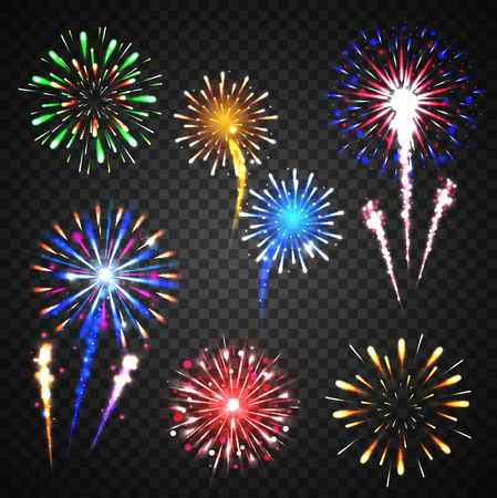 Festive fireworks collection of different colors and shapes isolated  on transparent background. vector illustration.のイラスト素材