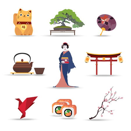 Set of Japan isolated travel colorful flat icons, Japan symbols for your design. Vector illustration.のイラスト素材