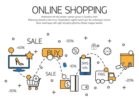 Online shopping  outline concept of purchasing process in online store. Vector illustration.のイラスト素材