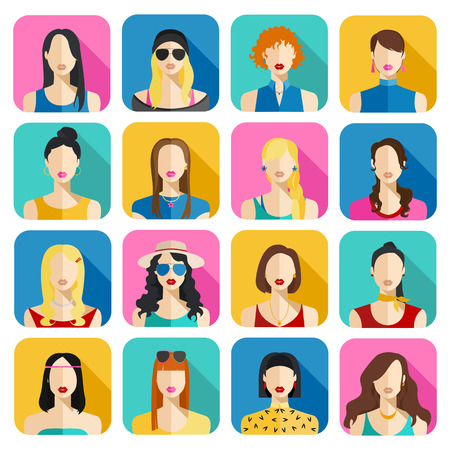 Set of Women Avatars Icons. Colorful Female Faces Icons Set. Flat Style Design. Vector Illustration.のイラスト素材