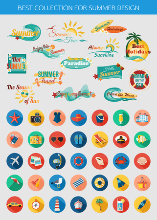 Big collection of summer typographical elements for design and colorful summer vacation, beach, seaside marine icons with long shadows. Vector illustration.のイラスト素材