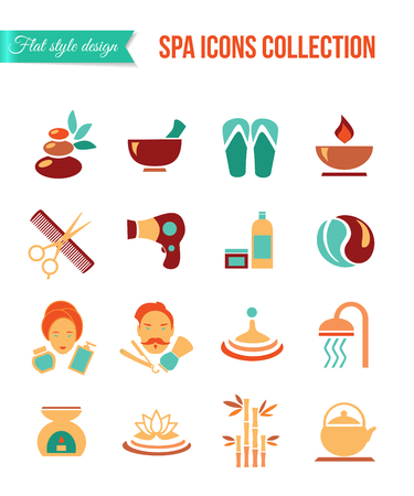 Spa treatments for men and women. Set of spa and beauty flat icons. Healthcare salon, haircut, skin care, herbal therapy, cosmetics vector items for medical wellness infographicsのイラスト素材