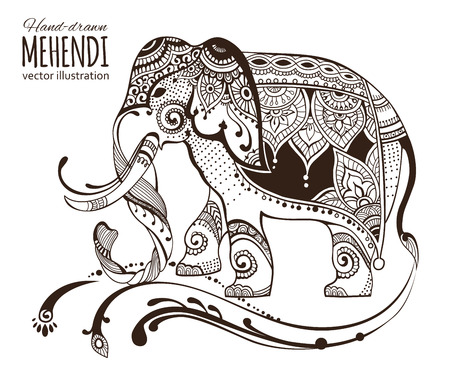 Hand-drawn mehendi elephant.  Ethnic african, indian, totem tatoo design. Vector illustration.のイラスト素材