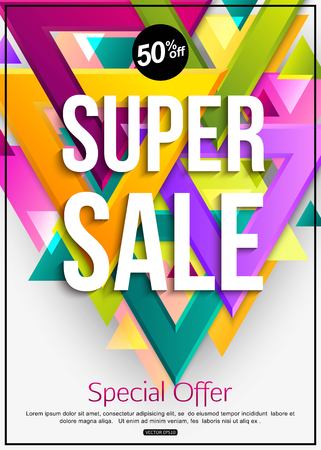 Abstract background with triangles and light effects. Super Sale banner template. 50% off. Special offer. Vector illustration.のイラスト素材