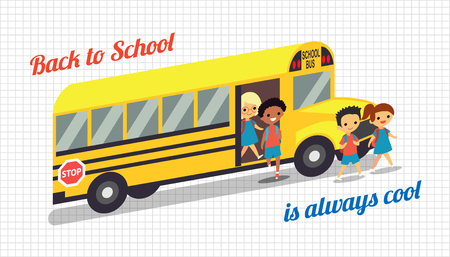 Back to school background with students children and bus.