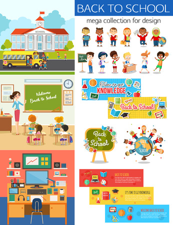 Big school collection for design. School sale banner, classroom, set of students, education background.のイラスト素材