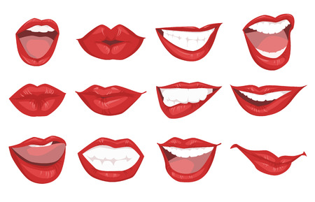 Set realistic woman red lips icons isolated on white background. Gestures lips vector illustration.のイラスト素材