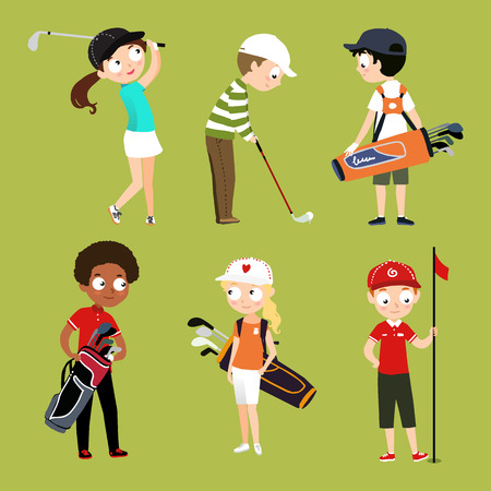 Kids playing golf vector isolated characters for golf school sports websiteのイラスト素材