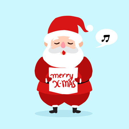 Santa Claus Singer cartoon character icon isolated on blue background. Santa background for christmas greetings card, banner, poster, invitation.のイラスト素材