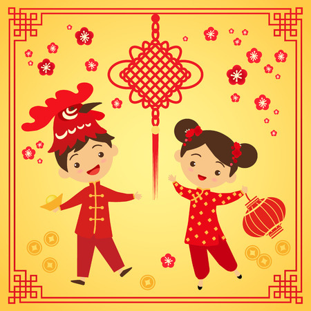 Chinese New Year greeting card. Boy and girl in traditional Chinese clothes participate in the carnival. Cartoon boy in mask rooster vector illustrationのイラスト素材