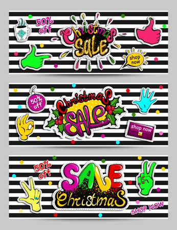 Set of Christmas sale banner with lettering and gestures. Vector pop art comic styleのイラスト素材