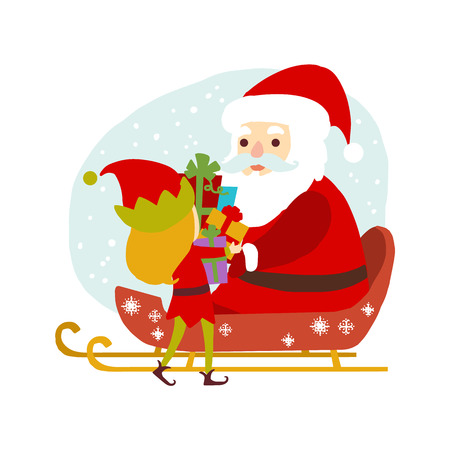 Girl Elf gives gift boxes Santa Claus. Vector characterのイラスト素材