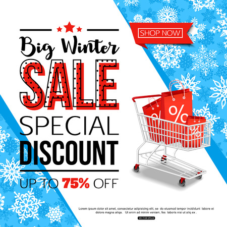 Blue Winter Sale Banner with Shopping Cart. Vector illustrationのイラスト素材