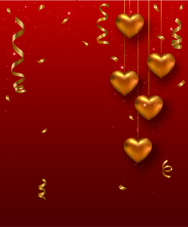 Valentines Day card design with hanging gold heart, ribbon, confetti. Vector illustrationのイラスト素材