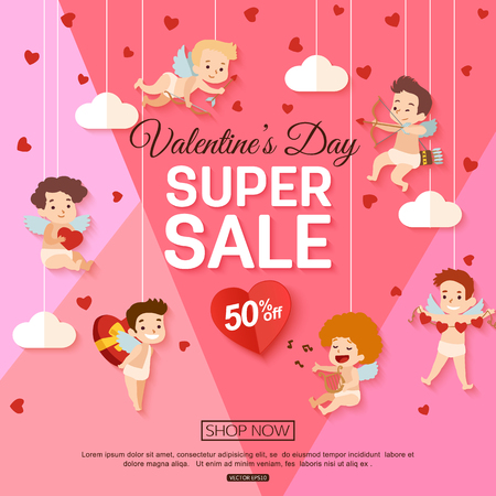 Valentines day sale banner with cupid for online shopping, special offer. Vector illustration.のイラスト素材