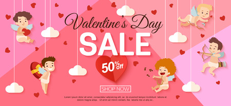 Valentines day sale banner with hanging cupid. Vector illustration.のイラスト素材