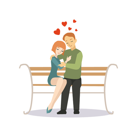Love couple sitting on a bench cartoon illustration.のイラスト素材