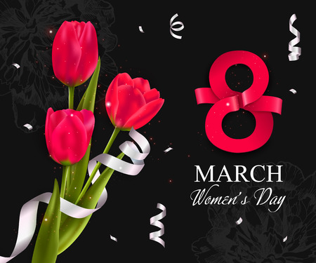 Womens day background with red tulips. 8 march vector illustration.のイラスト素材
