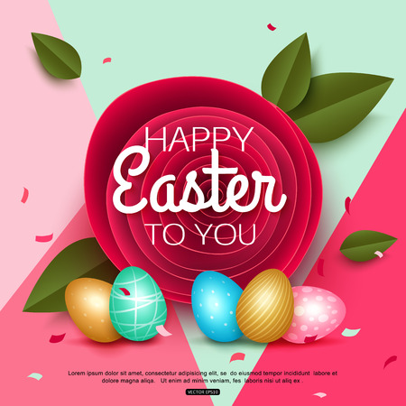 Easter greeting card with colorful eggs paper roseのイラスト素材