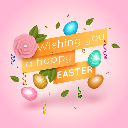 Pink Easter background with paper rose flower, ribbon, egg and confetti. Vector illustrationのイラスト素材