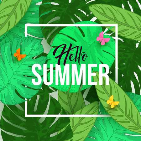 Hello Summer typographical background with tropical monstera leaves, vector illustrationのイラスト素材